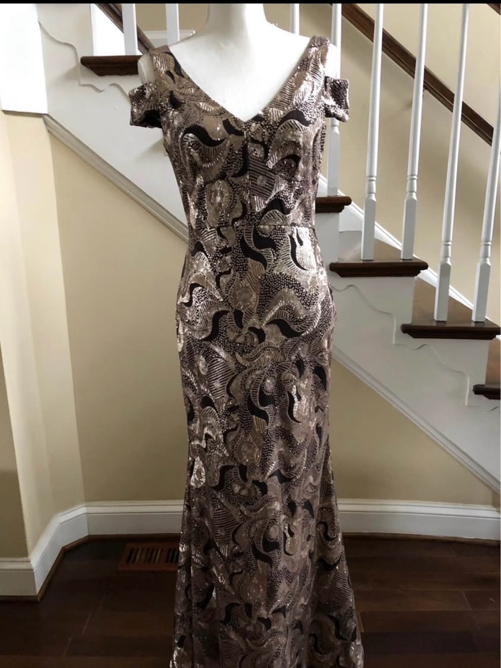 Calvin Klein One-Shoulder Bronze Sequin Evening Gown